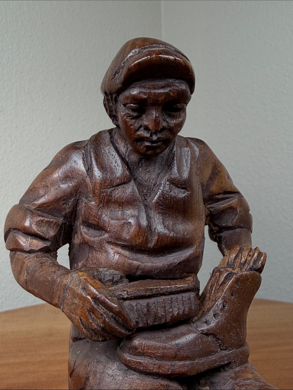 Vintage Hand Carved Wooden Working Shoeshiner Shine Box SculptureFigure Folk Art